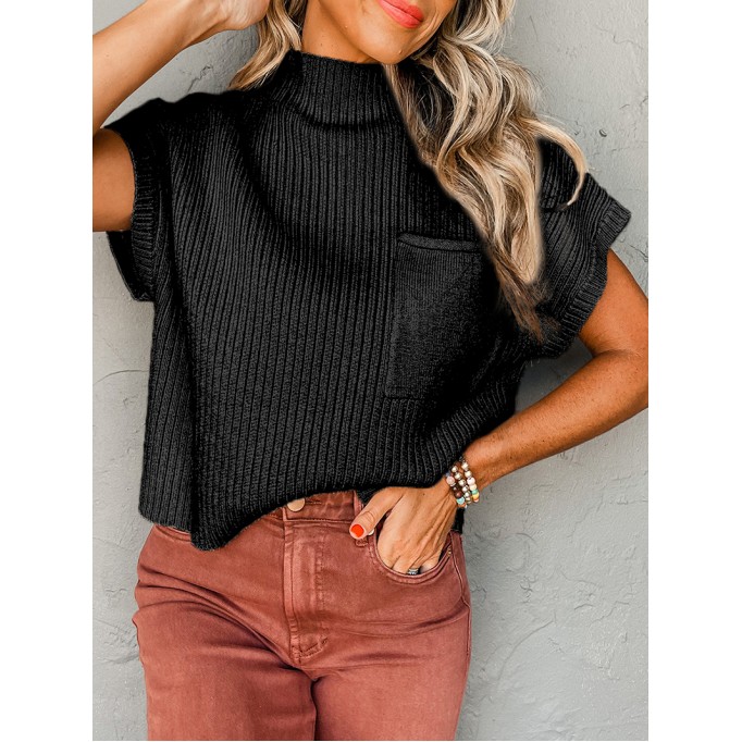 Black Patch Pocket Ribbed Knit Short Sleeve Sweater