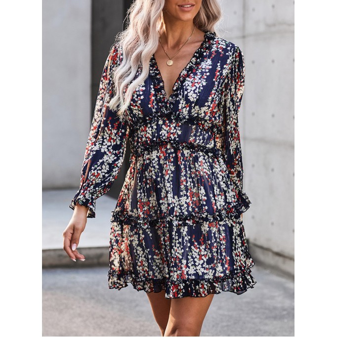 Blue Ruffle Detailing Open Back Floral Dress image.