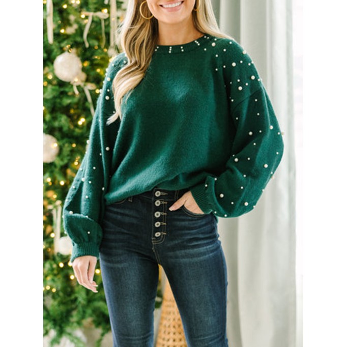 green pearl embellished sweater