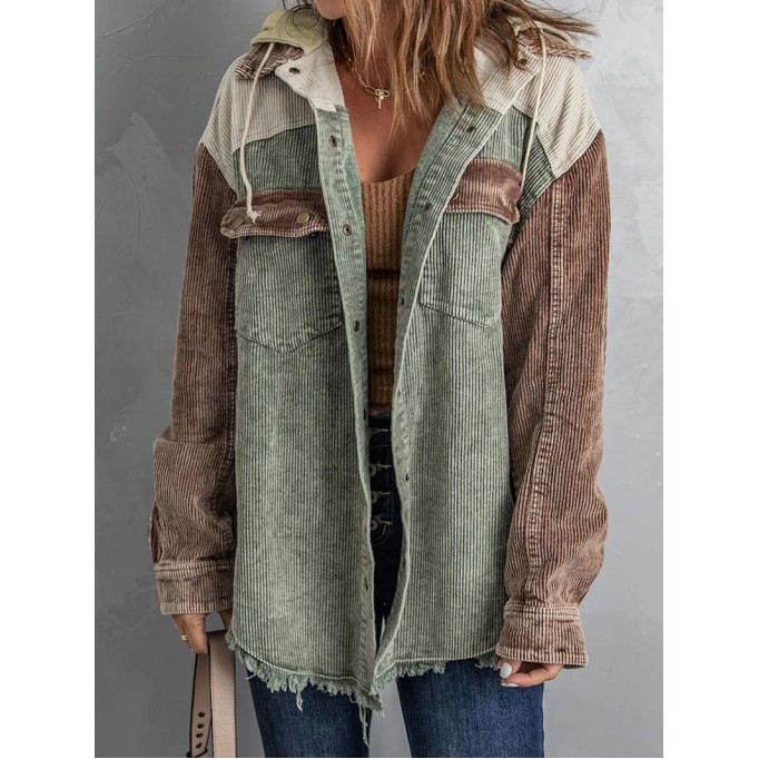 Casual color block corduroy hooded jacket