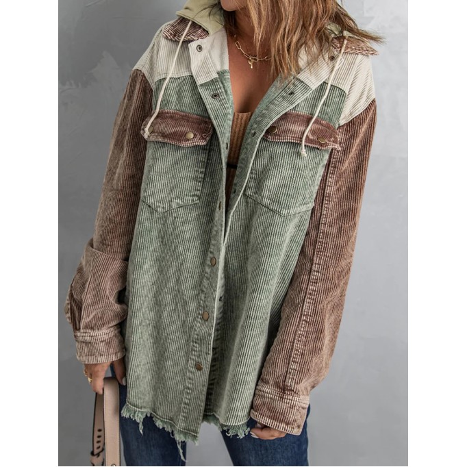 Casual color block corduroy hooded jacket