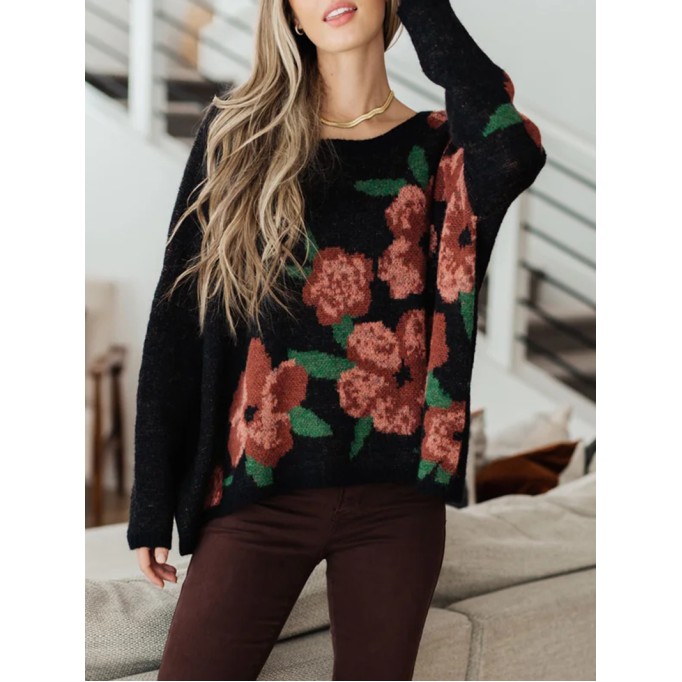 Casual contrasting floral pattern solid color sweater