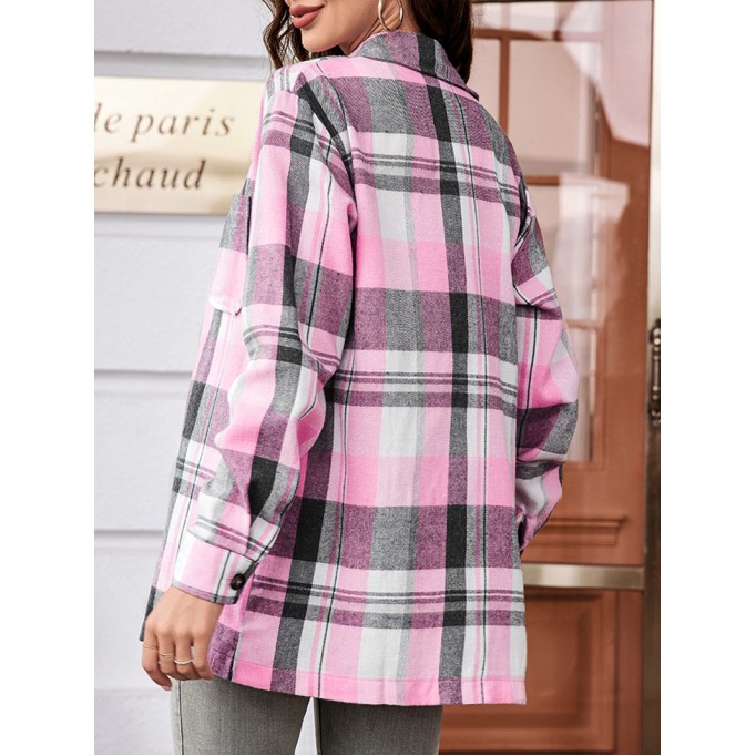 Casual Pink Plaid Single Breasted Long Sleeve Jacket