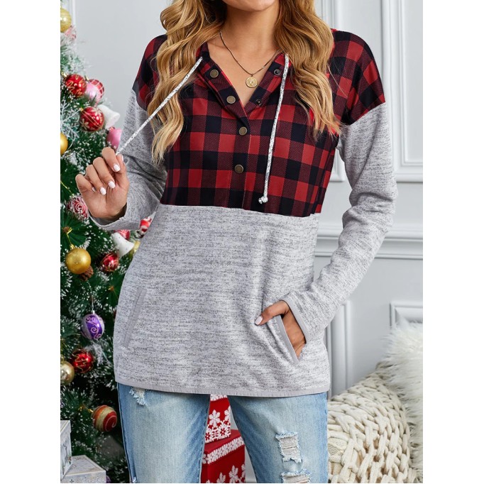 Casual red and black plaid hooded sweatshirt