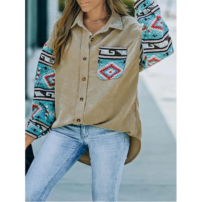 Casual retro printed patchwork corduroy jacket