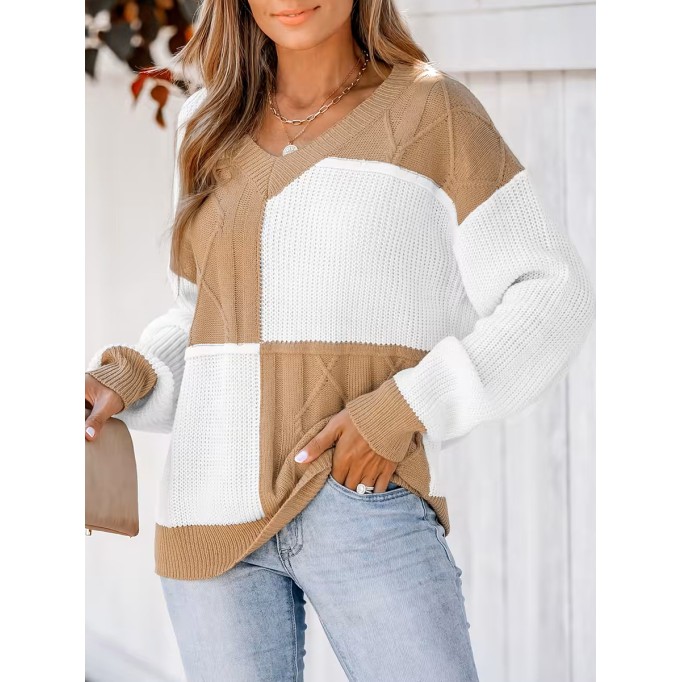 Check color block cable knit sweater