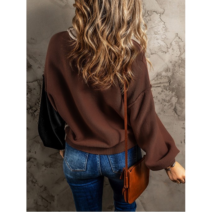 Coffee Colorblock Bishop Sleeve Ribbed Trim Sweater