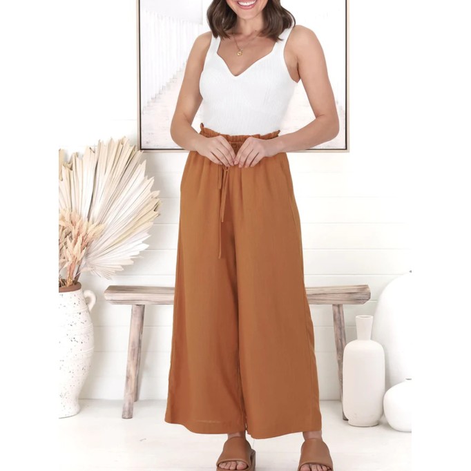 Cotton and linen high-waisted trousers