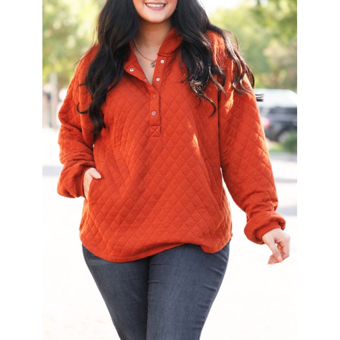 Diamond plaid button loose fitting hoodie