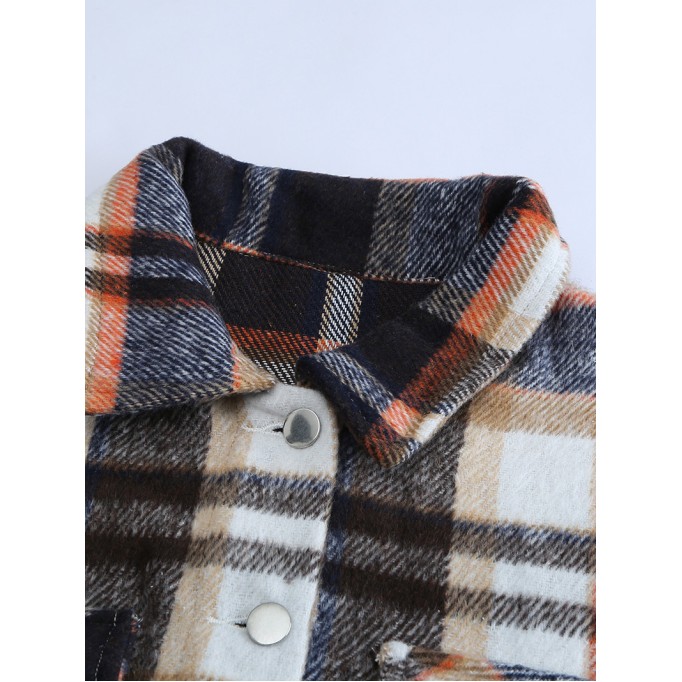 Geometric Plaid Print Pocketed Shacket