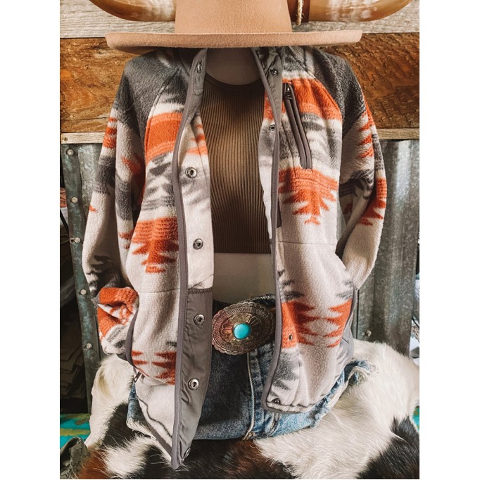 Gray Western Aztec Snap Buttoned Fleece Jacket
