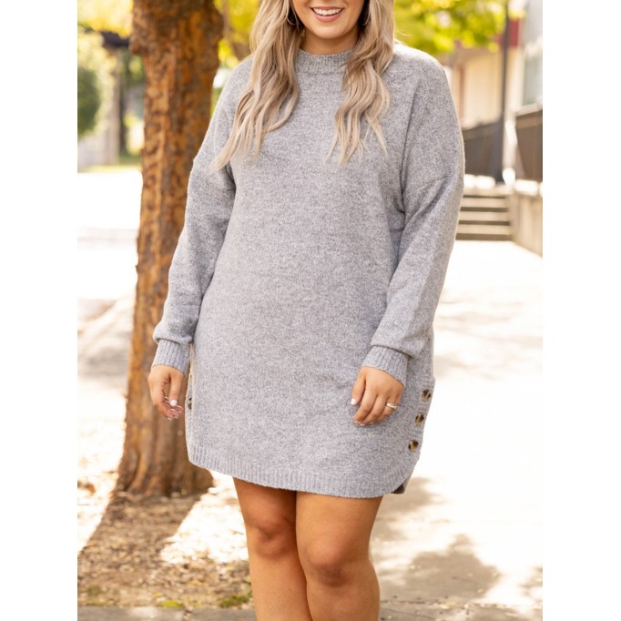 Grey button curved hem dress