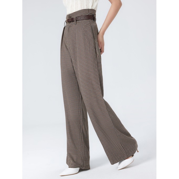 Houndstooth High Waist Belted Wide Leg Trousers