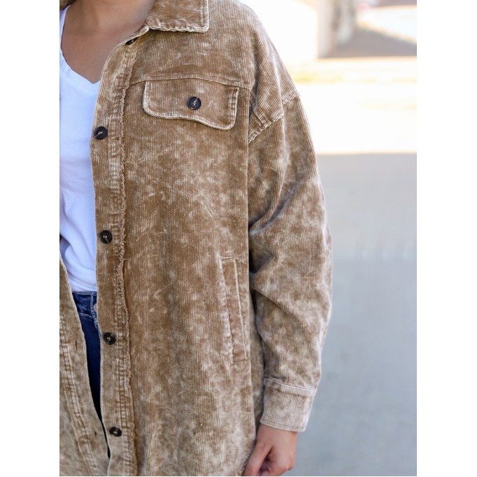 Khaki Vintage Distressed Mineral Wash Oversized Shacket