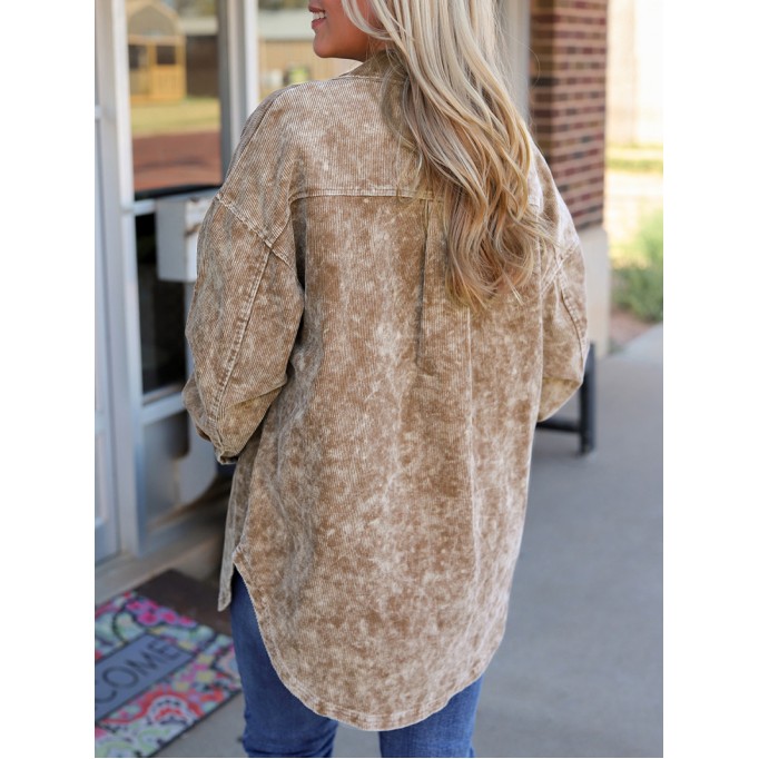 Khaki Vintage Distressed Mineral Wash Oversized Shacket
