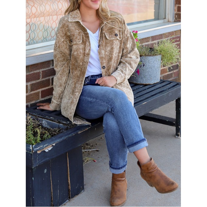 Khaki Vintage Distressed Mineral Wash Oversized Shacket