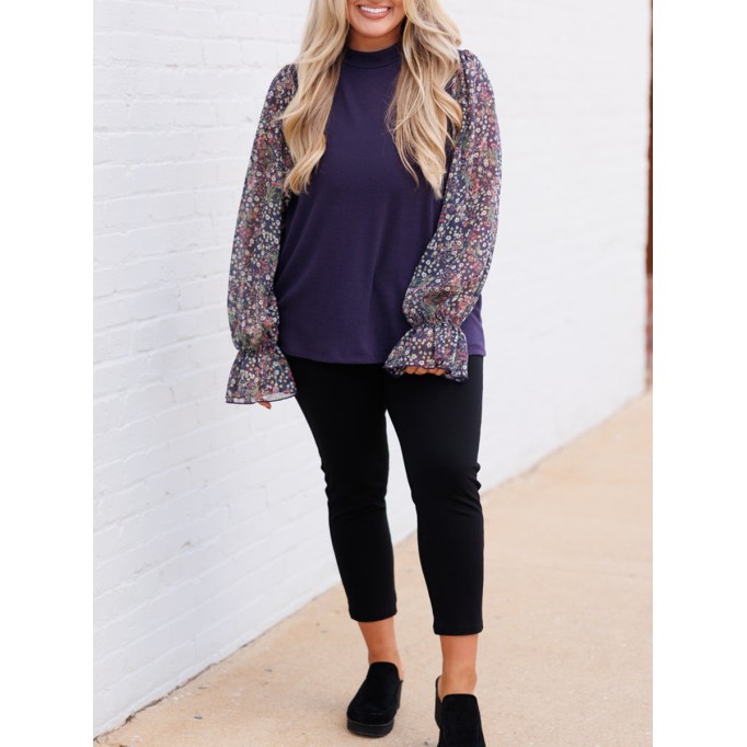 Knitted patchwork floral fabric bud sleeve sweater