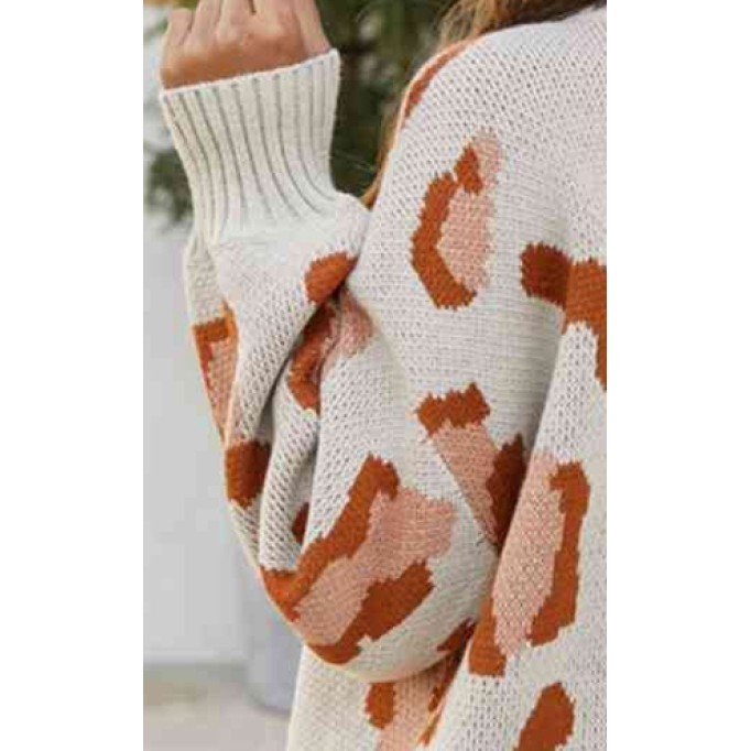 Leopard Mock Neck Dropped Shoulder Sweater