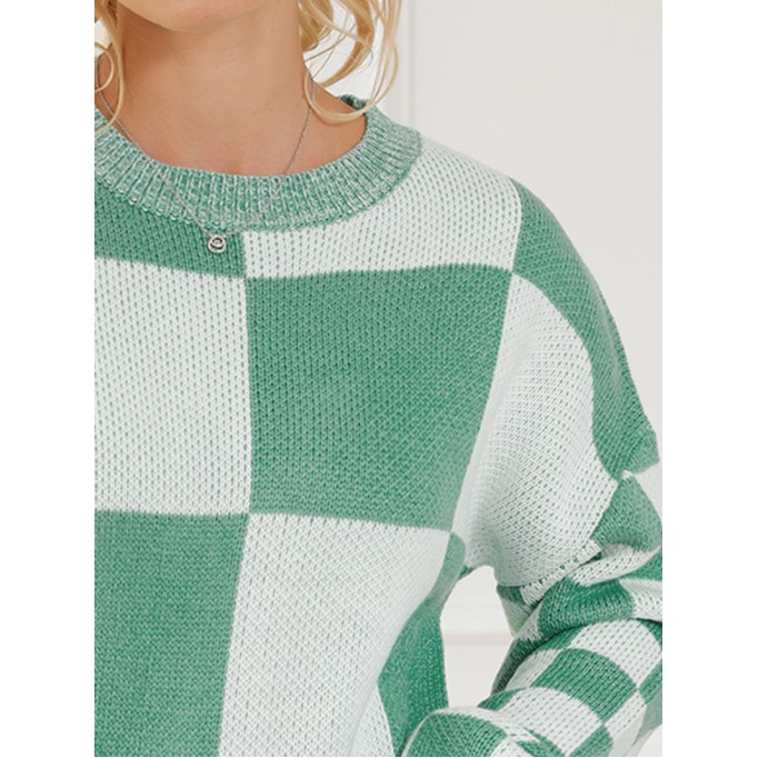 Mint Green Checkered Print Drop Shoulder Sweater