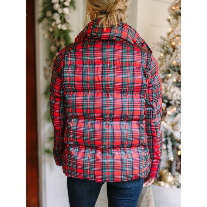 Red Tartan Plaid Puffer Jacket