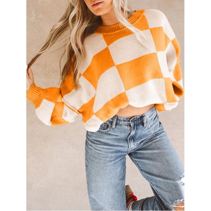 Orange Checkered Bishop Sleeve Sweater