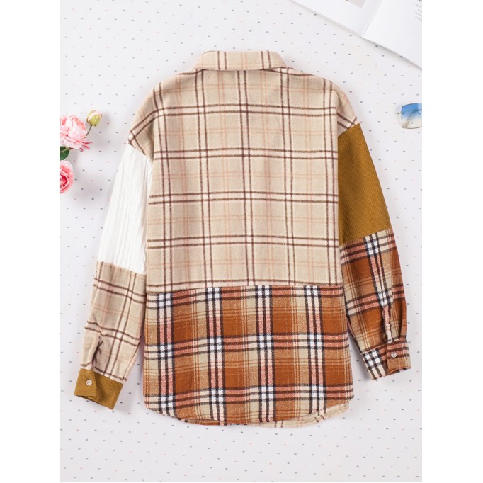 Orange Plaid Color Block Patchwork Shirt Jacket with Pocket