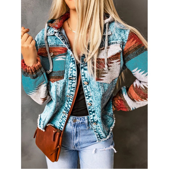 Retro print patchwork hooded denim jacket