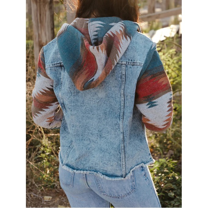 Retro print patchwork hooded denim jacket