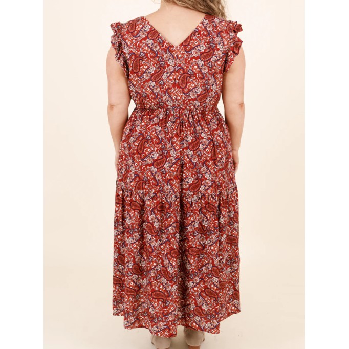 Ruffled Short Sleeve Cashew Nut Print Long Dress