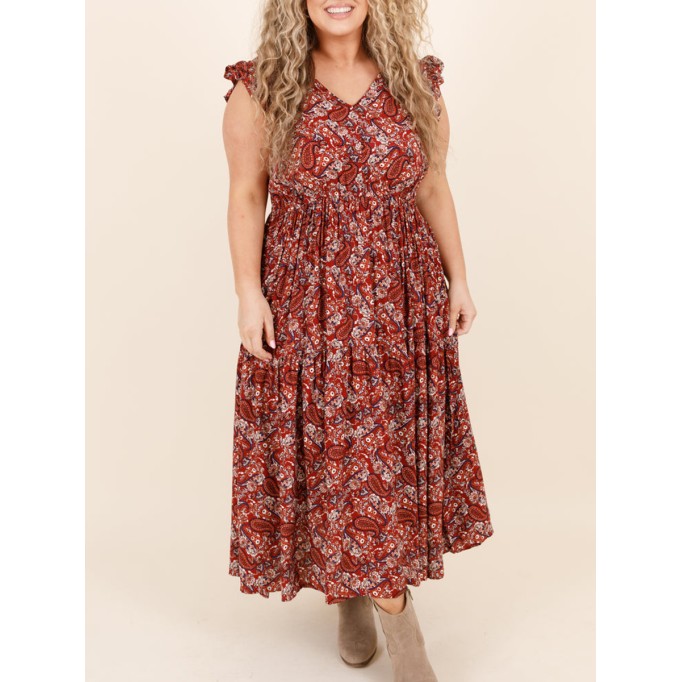 Ruffled Short Sleeve Cashew Nut Print Long Dress