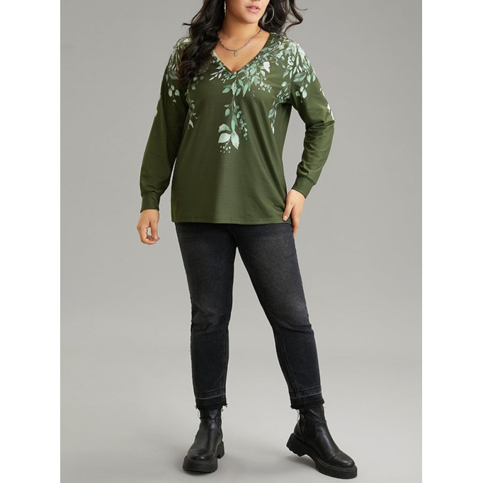 V-neck long sleeve position printed T-shirt